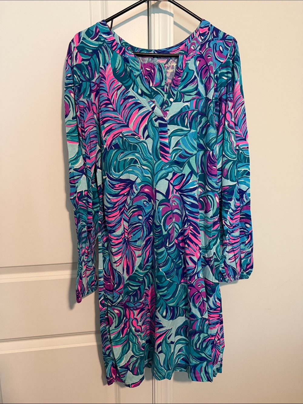 Lilly Pulitzer Teal, Turquoise & Pink Tropical Print Long Sleeve Dress
